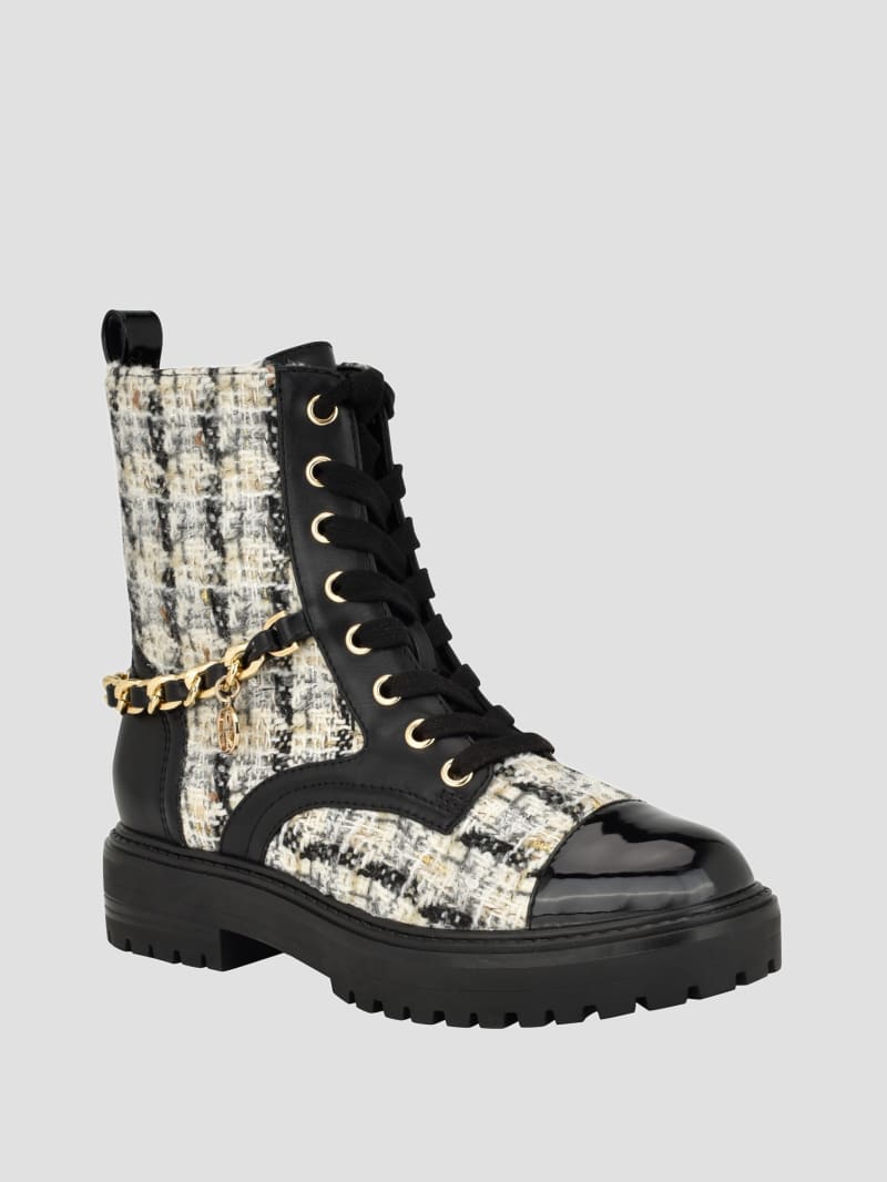 Guess Jellarda Tweed Chain Moto Boots - Black 002 Guess Jellarda Tweed Chain Moto Boots - Black 002
