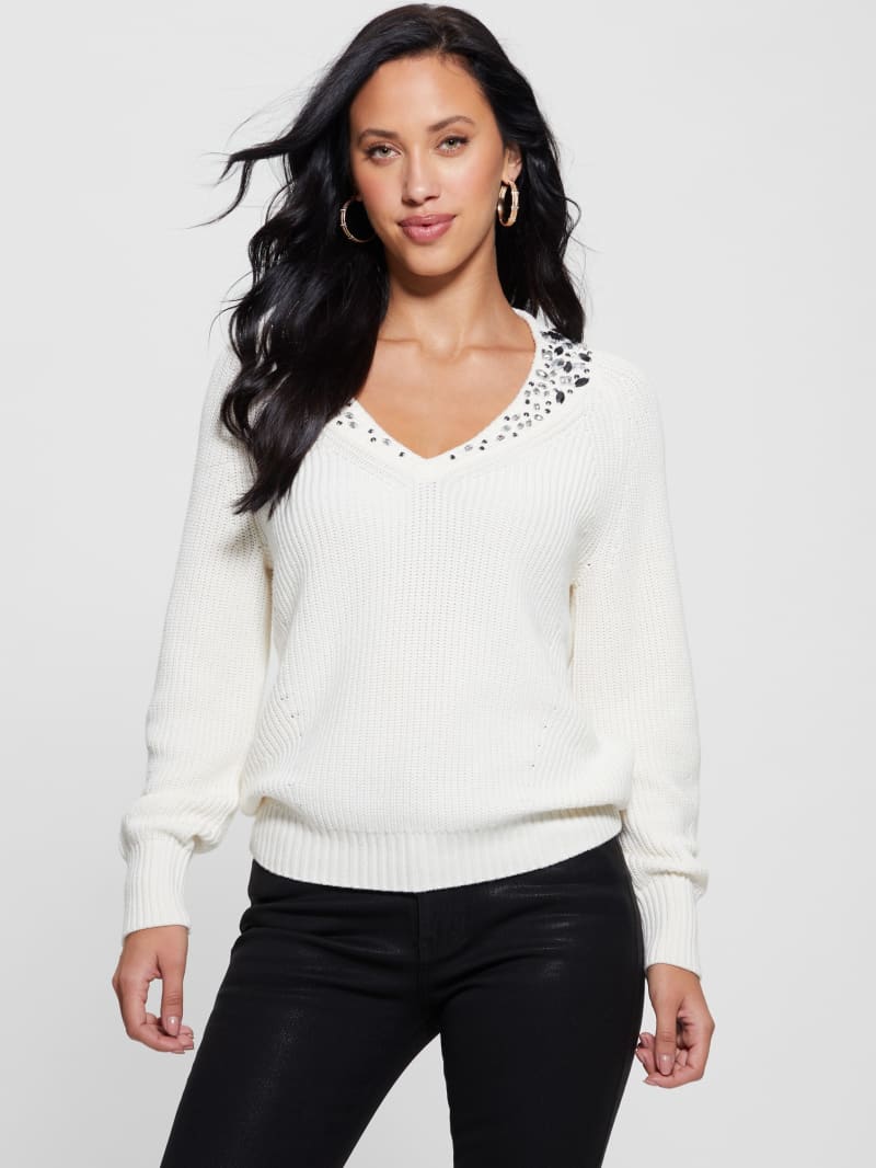 Guess Davina Embellished Sweater - Cream White Guess Davina Embellished Sweater - Cream White