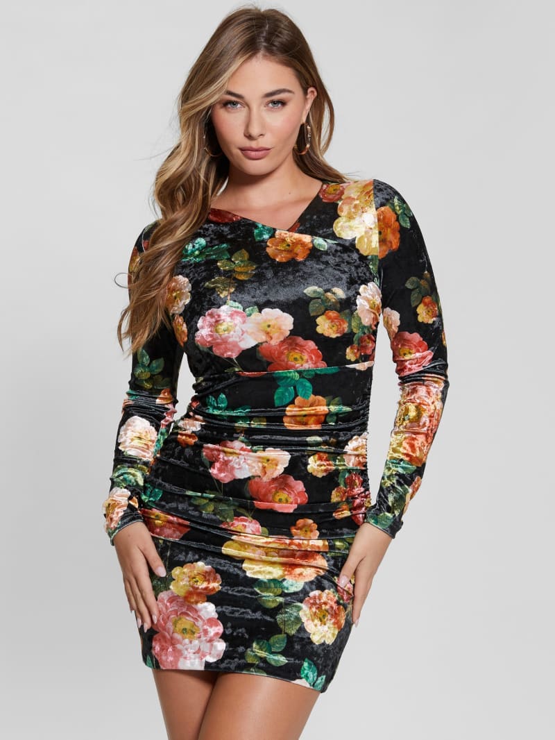 Guess Eco Tess Velvet Dress - Peony Charm Print Black Guess Eco Tess Velvet Dress - Peony Charm Print Black