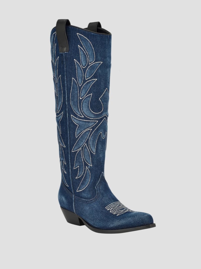 Guess Ginnifer Knee High Denim Cowboy Boots - Denim Tie Dye Guess Ginnifer Knee High Denim Cowboy Boots - Denim Tie Dye